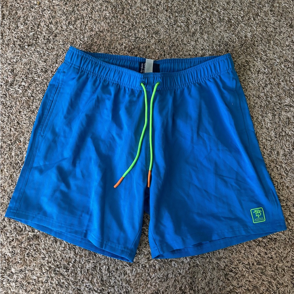 Broken Threads Blue Swim Trunks | Men’s Quick Dry Shorts w/ Neon Drawstring
